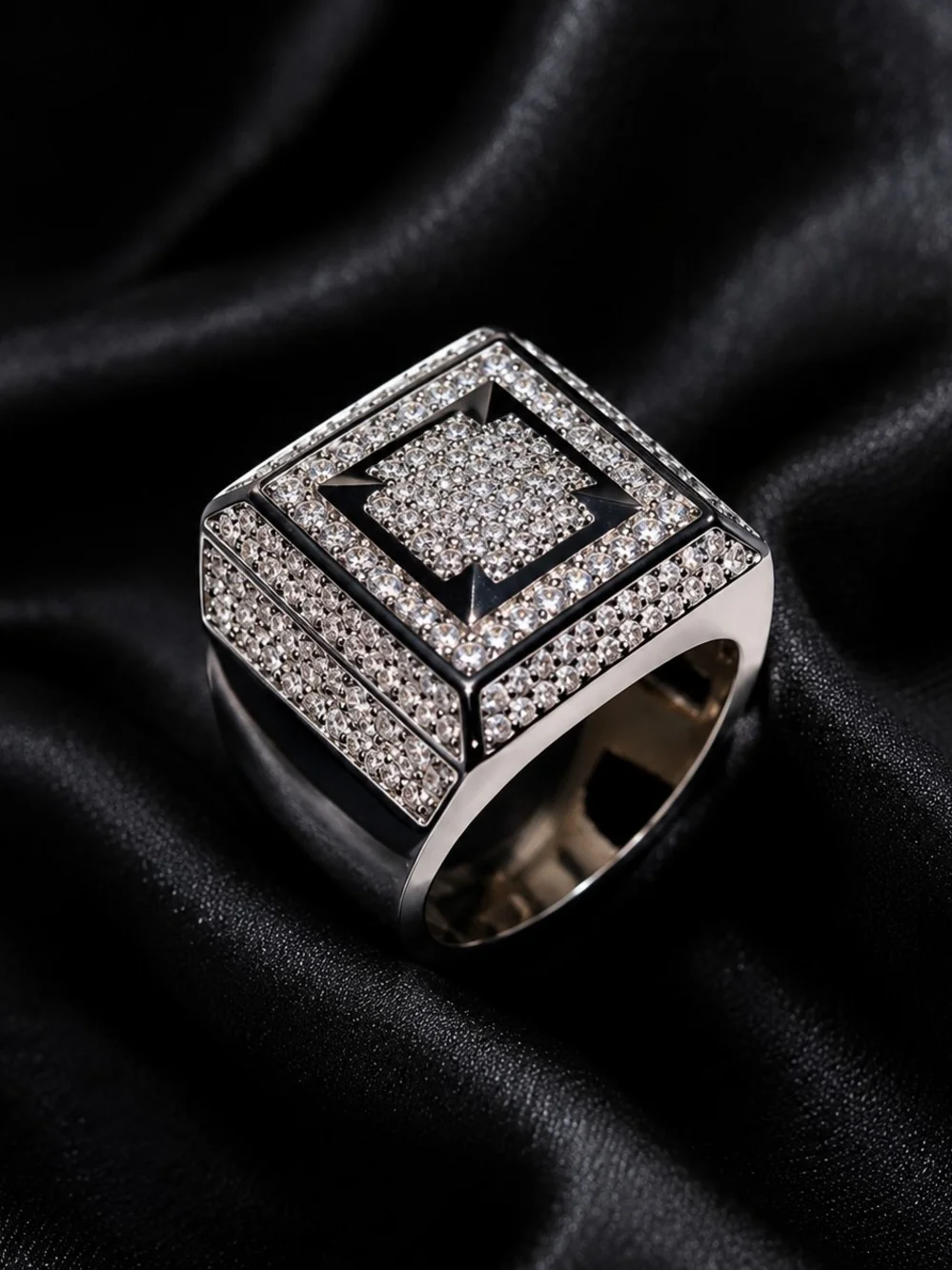 Men's Ring Size 8 Silver-Tone Pavé Square Statement Ring with Black Accents